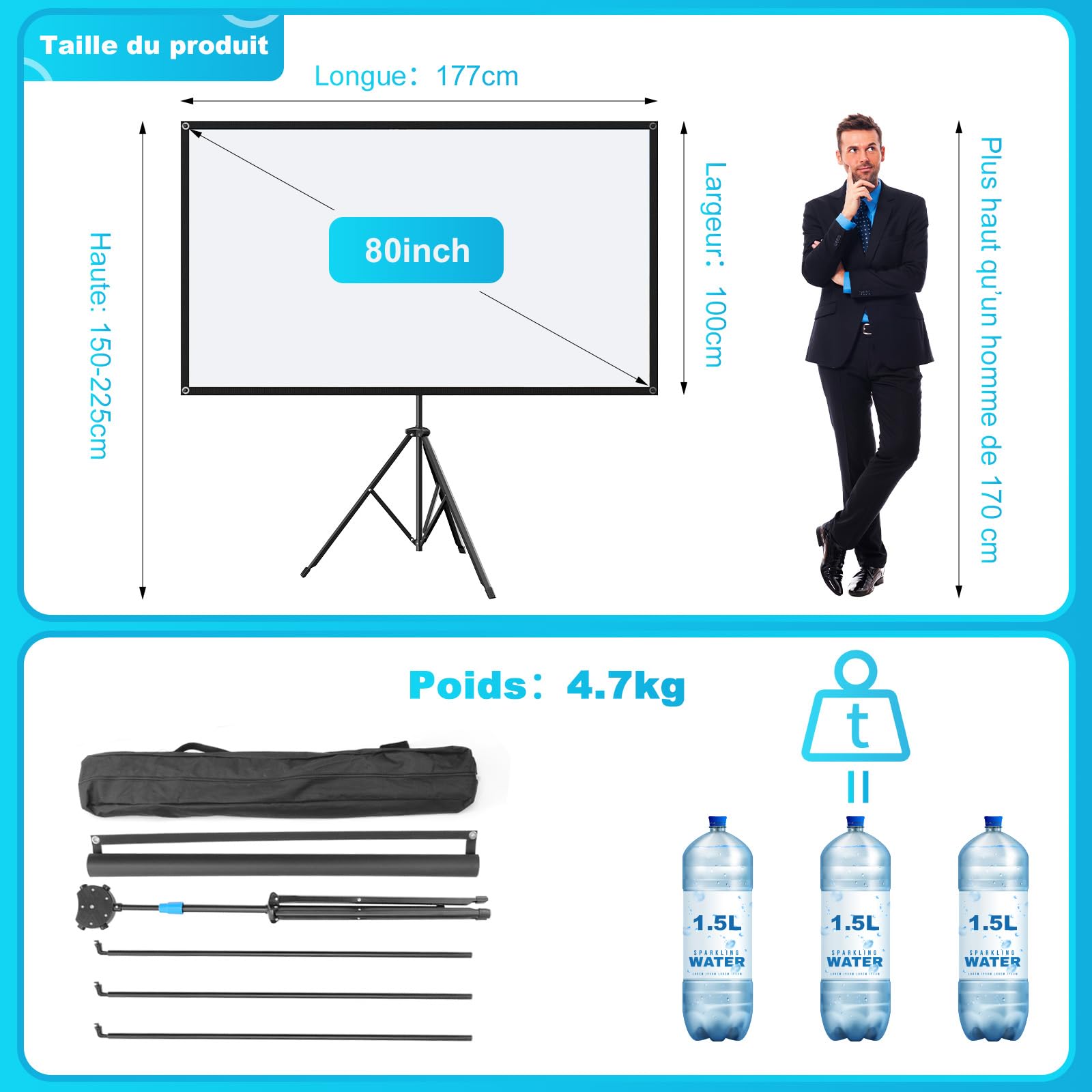 VISULAPEX 80”Écran Videoprojecteur avec Trépied, 4K HD 16:9 Ecran de Projection, Léger Facile à Installer Eran Projecteur, Idéal pour Cinéma Bureau et Présentations