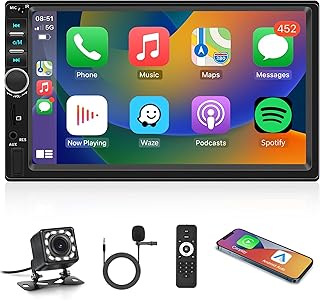 Double Din Car Stereo Apple Carplay, Rimoody 7 Inch HD Touchscreen Car Radio with Android Auto Mirror Link, Backup Camera, Bluetooth, FM, EQ SWC/USB/TF/AUX Remote Control