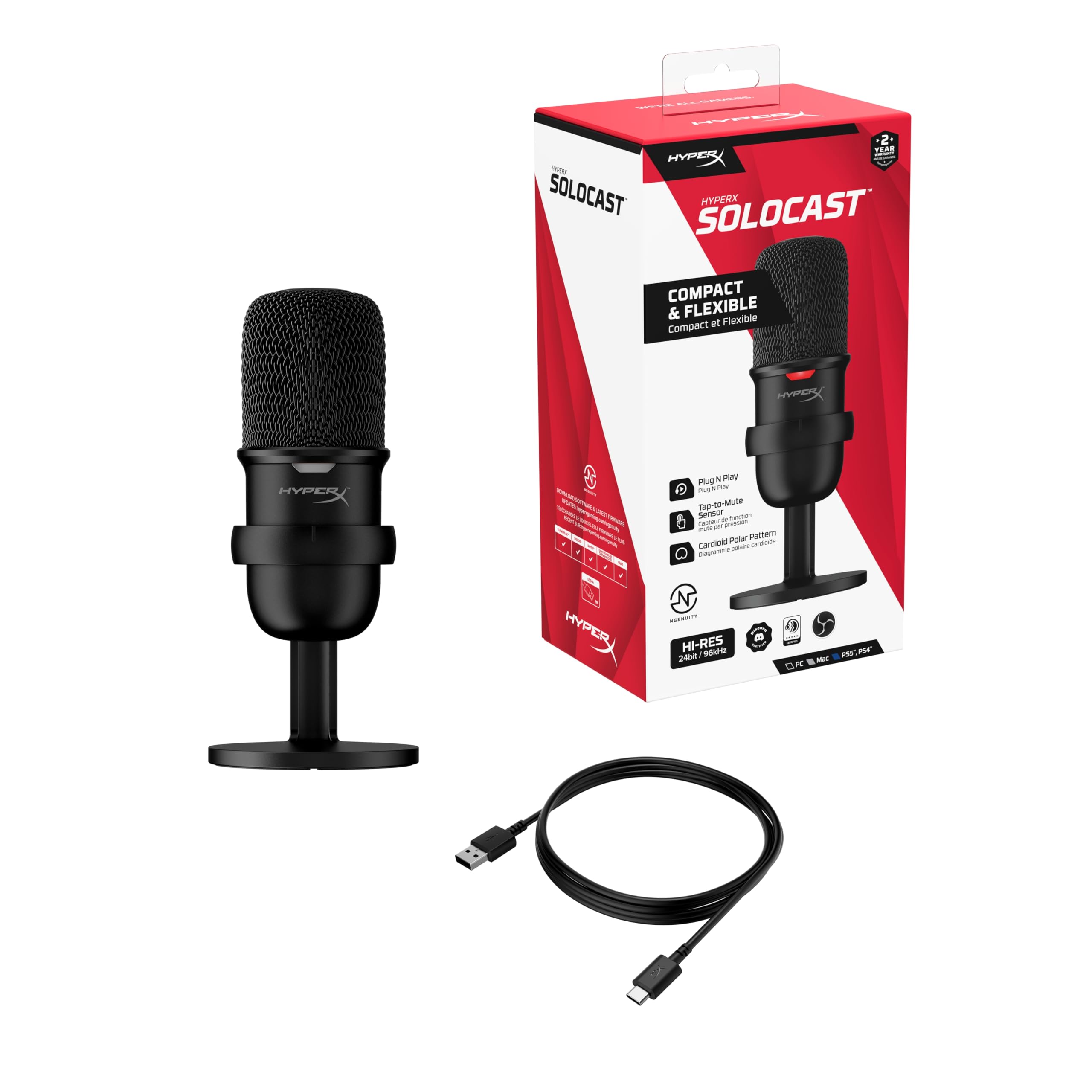 HyperX SoloCast – Microphone de jeu USB à condensateur, pour PC, PS4 et Mac, Désactivation du micro par pression, Diagramme polaire cardioïde, Gaming, Streaming, Podcasts, Twitch, YouTube, Discord