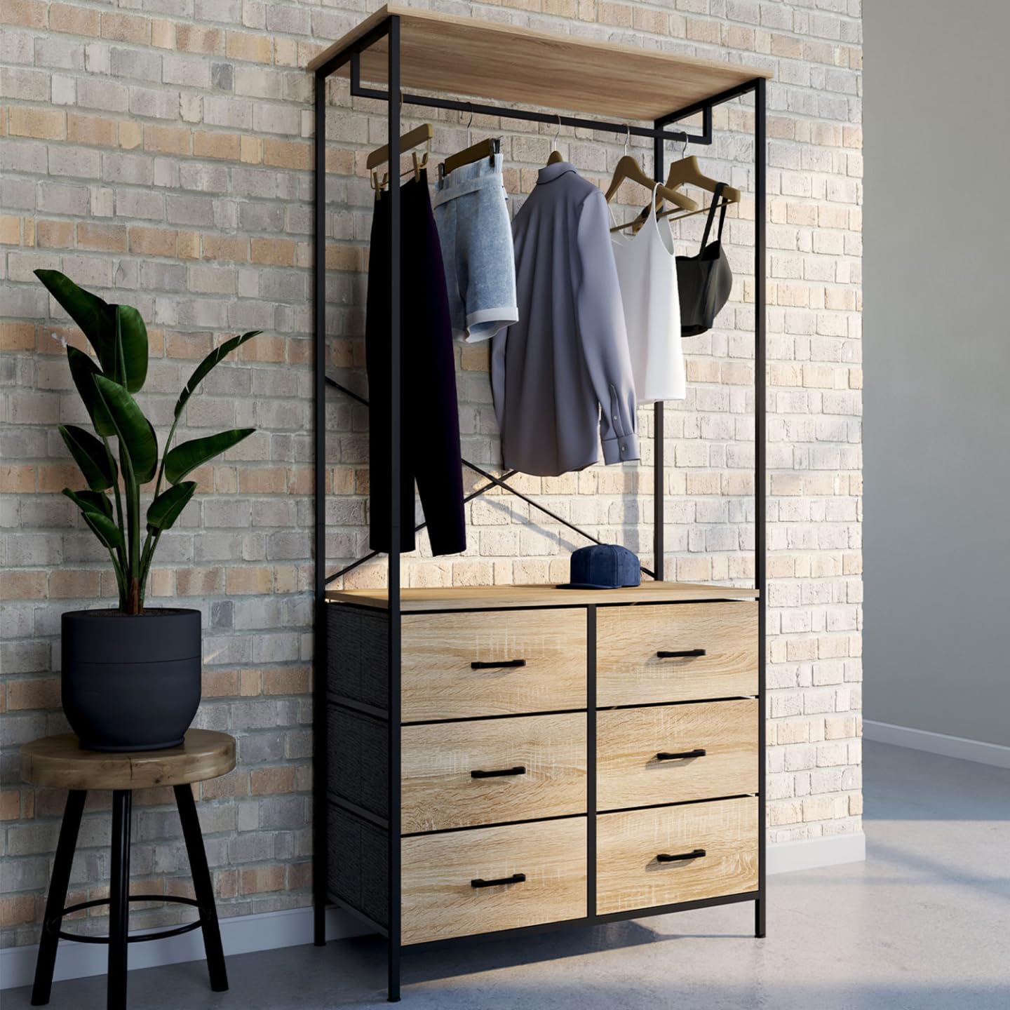 IDMarket - Dressing penderie L. 80 cm UTAH avec 6 bacs en tissu bois et noir