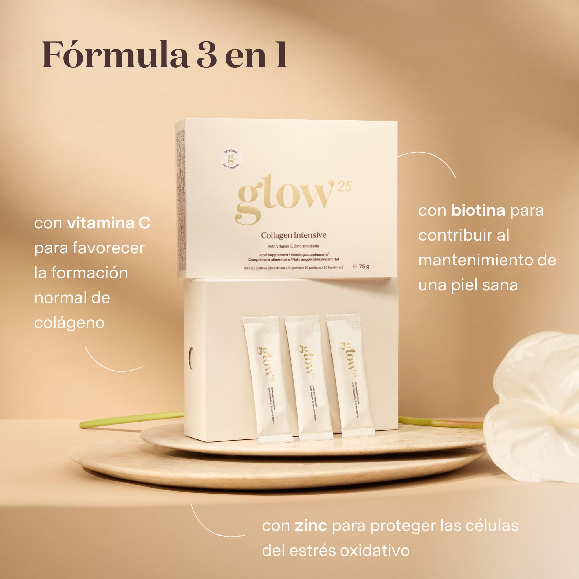 Glow25® Collagen Intensive – Tripéptidos, vitamina C, zinc y biotina | Colágeno marino hidrolizado premium con tripéptidos, vitamina C, zinc y biotina – Péptidos de tipo 1 y 3