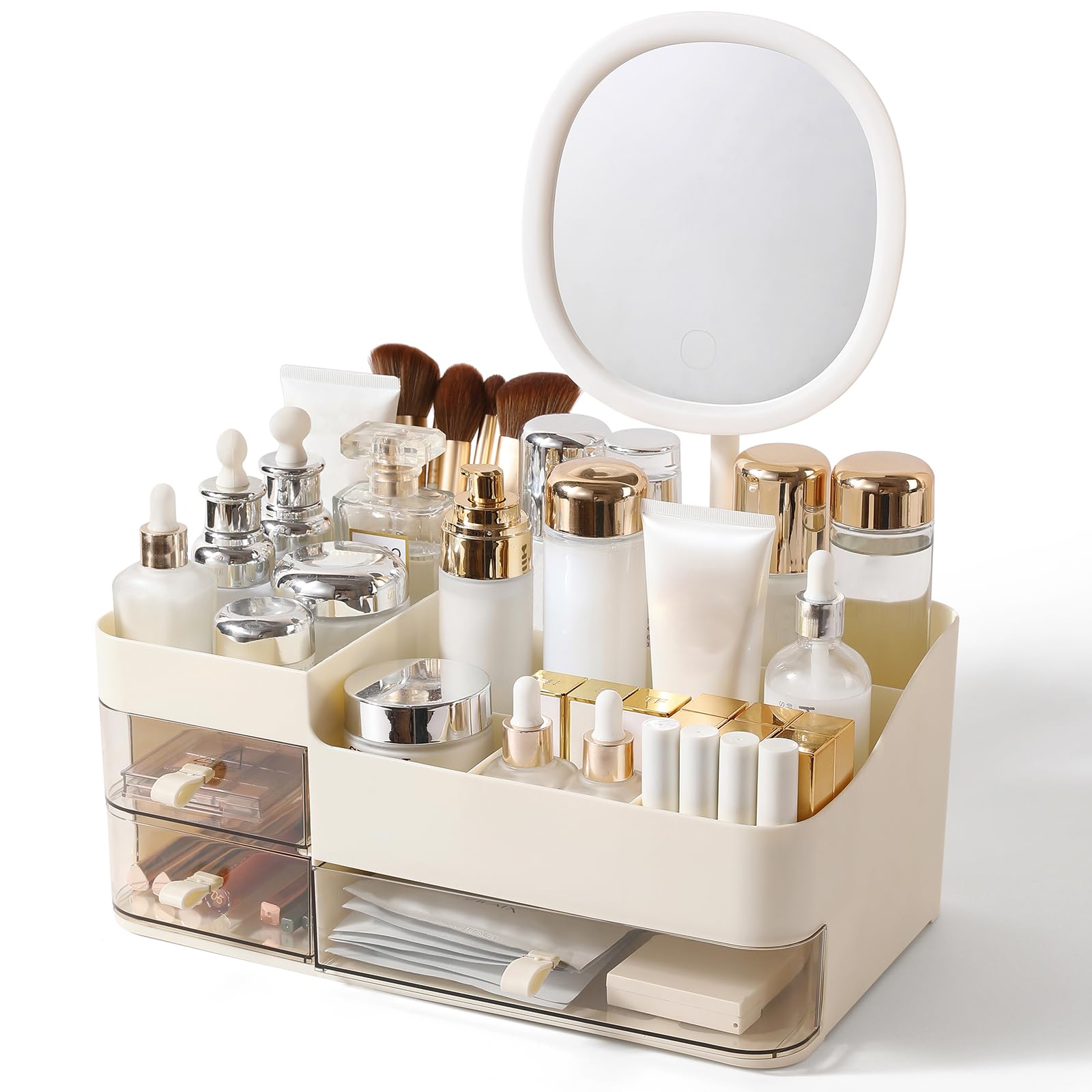 DASITON Organizer Trucchi con Specchio e 3 Cassetti, Porta Trucchi Organizer da Bagno, Porta Pennelli Make Up Organizzatore Trucchi, Organizer Cosmetici per Toeletta, Bagno, Camera da Letto (Crema)