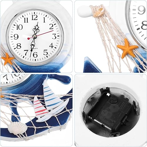 Miniatura 8 de Garneck Reloj de pared de ancla de barco de estilo mediterráneo, reloj de rueda de ancla de madera, decoración para el hogar, decoración del hogar,