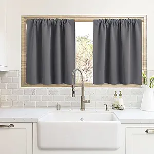 RYB HOME Blackout Curtains for Kitchen, Over Sink Privacy Curtains Window Decor, Thermal Insulating Drapes for Bathroom Cafe Bedroom Small Window, W 42 x L 24 inch, Grey, 2 Panels