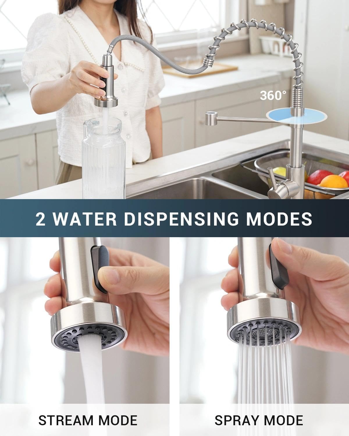 APPASO Niederdruck Armatur Küche, KTW-zertifizierten Heiß- und Kaltschläuche und Kartusche, Gebürsteter Edelstahl Wasserhahn Küche mit Brause Ausziehbar 2 Modi 360°drehbarer, Frühling küchenarmatur