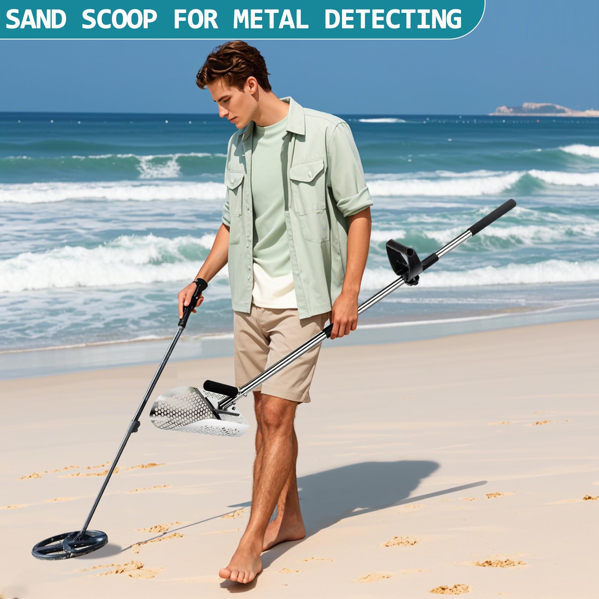 Long Handle Sand Scoop, Stainless Steel Shovel Scoop for Metal Detecting for Adults, Shovel Underwater Treasure Hunting, Adjustable Length, Handheld with Long Steel Handle Pole Design