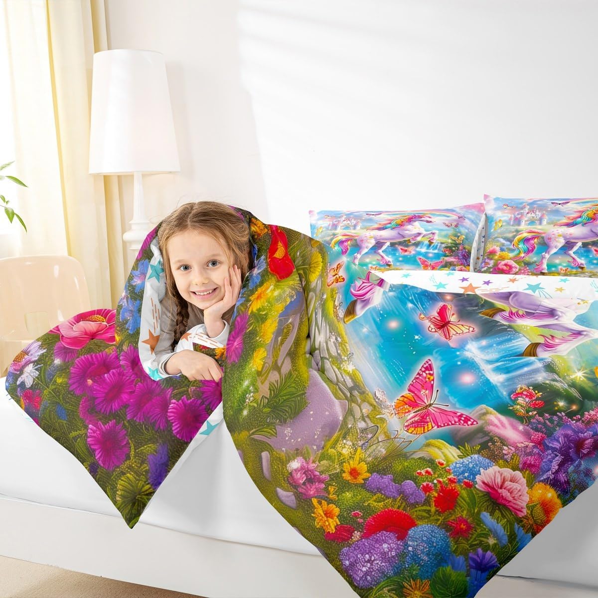 Rainbow Unicorn Full Bedding Set for Kids Adults,Girls Woman Fairy Tale Castle Comforter Bed Set,Spring Garden Floral Butterfly Quilt Set 3 PCS,Pink Sky Clouds Duvet Insert,2 Pillow Cases