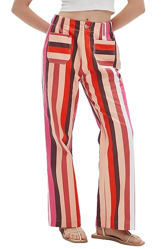 LifeShe Womens Striped Pant Casual High Waisted Straight Leg Denim