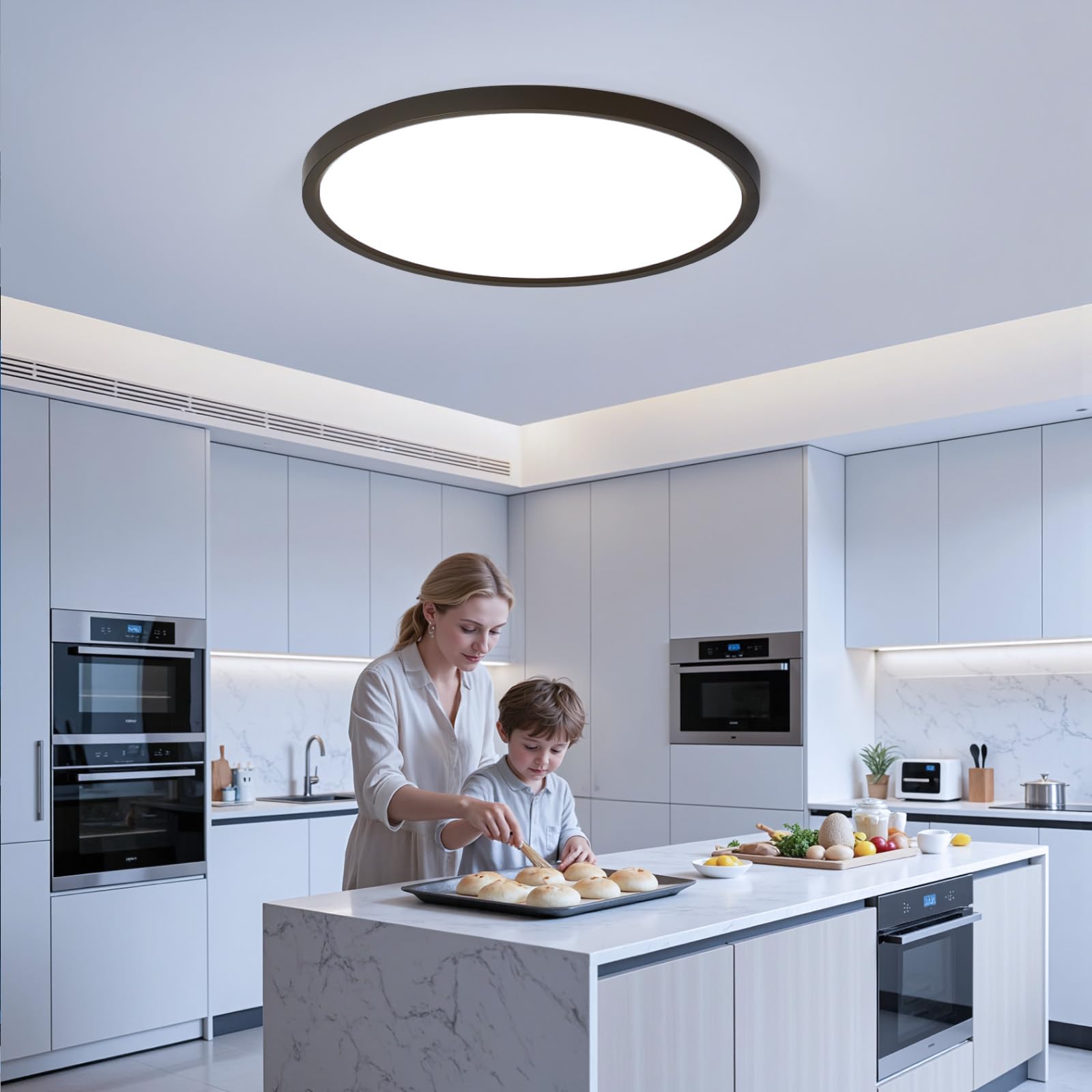 Okrągła lampa sufitowa LED 52 W, 5200 lm, ultra płaska czerń, wodoodporna IP44, zimna biel 6500 K, nowoczesna lampa do salonu, sypialni, kuchni, biura