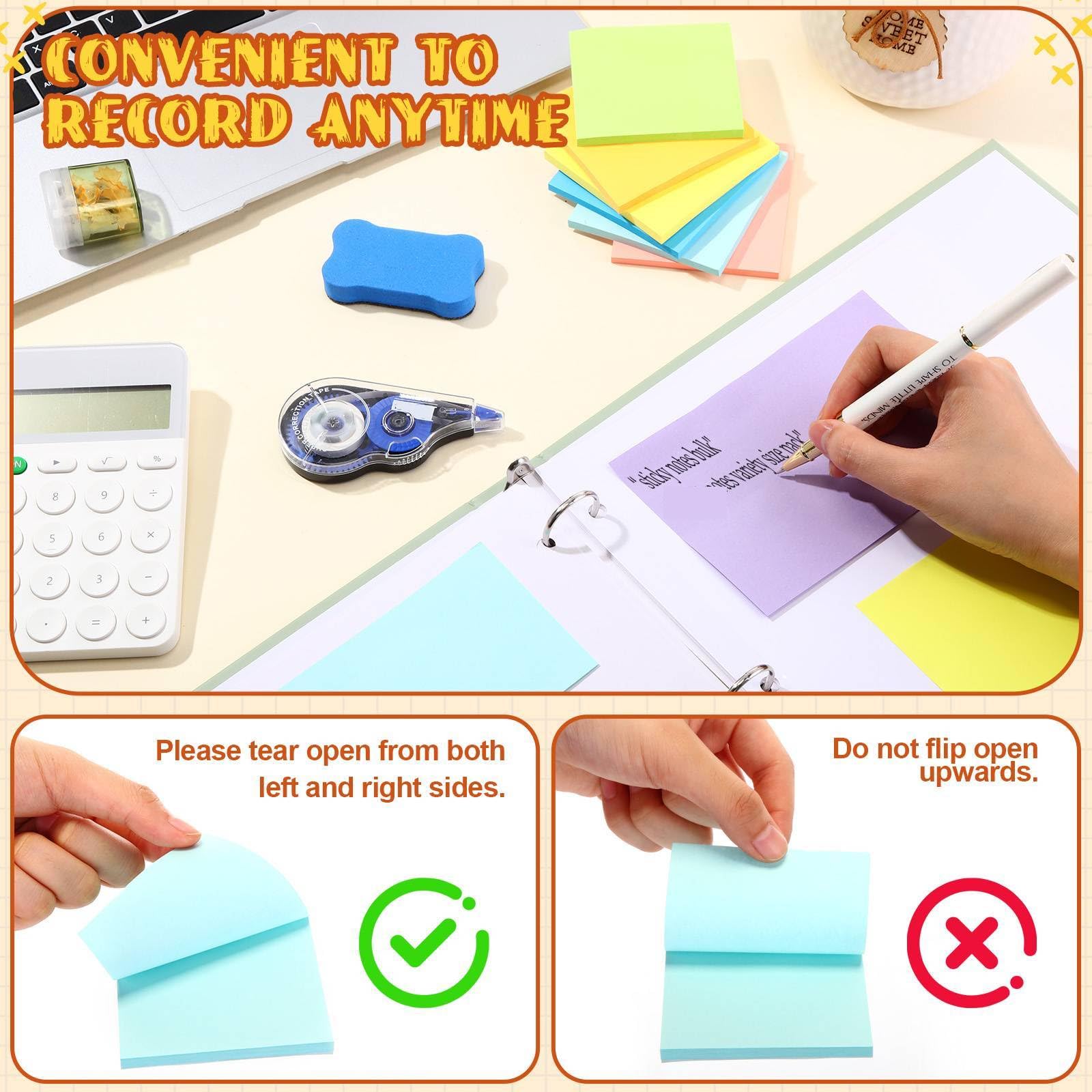 Thenshop Haftnotizen-Set, verschiedene Größen, selbstklebend, leuchtend, 8 Farben, selbstklebend, für Zuhause, Büro, Notizbuch, Schule, Post, Memos, 2000 Blatt, 40 Stück