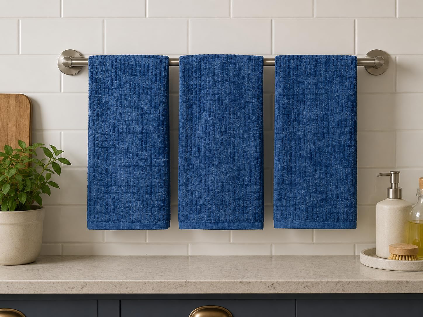 Serafina Home Waffle Blue Kitchen Dish Towels 100% Cotton Cloth Soft Cleaning Drying Absorbent Terry Box Loop: Set of 3 Multipurpose for Everyday Use, 18" x 28" (Blue Box) image 2