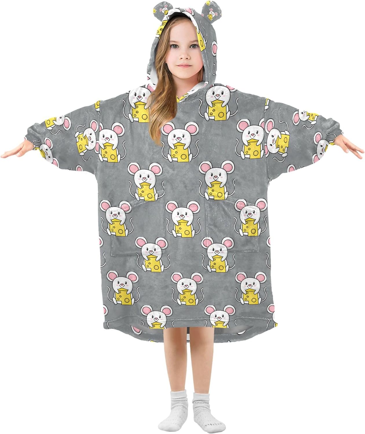 Cute Rat Cheese Kids Wearable Blanket Hoodie with Pocket and Sleeves for Toddlers, Cute Hoodies 3-14 Year Girls Boys