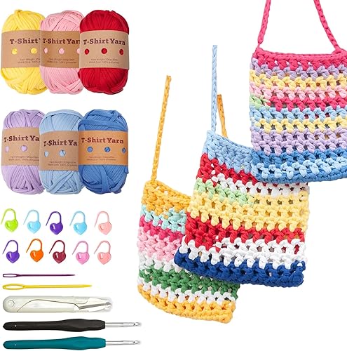 Dazzleimart Kit de ganchillo para principiantes, kit de hilo de tela suave gruesa para tejer de ganchillo, hilo de color sólido, proyectos de bolsos