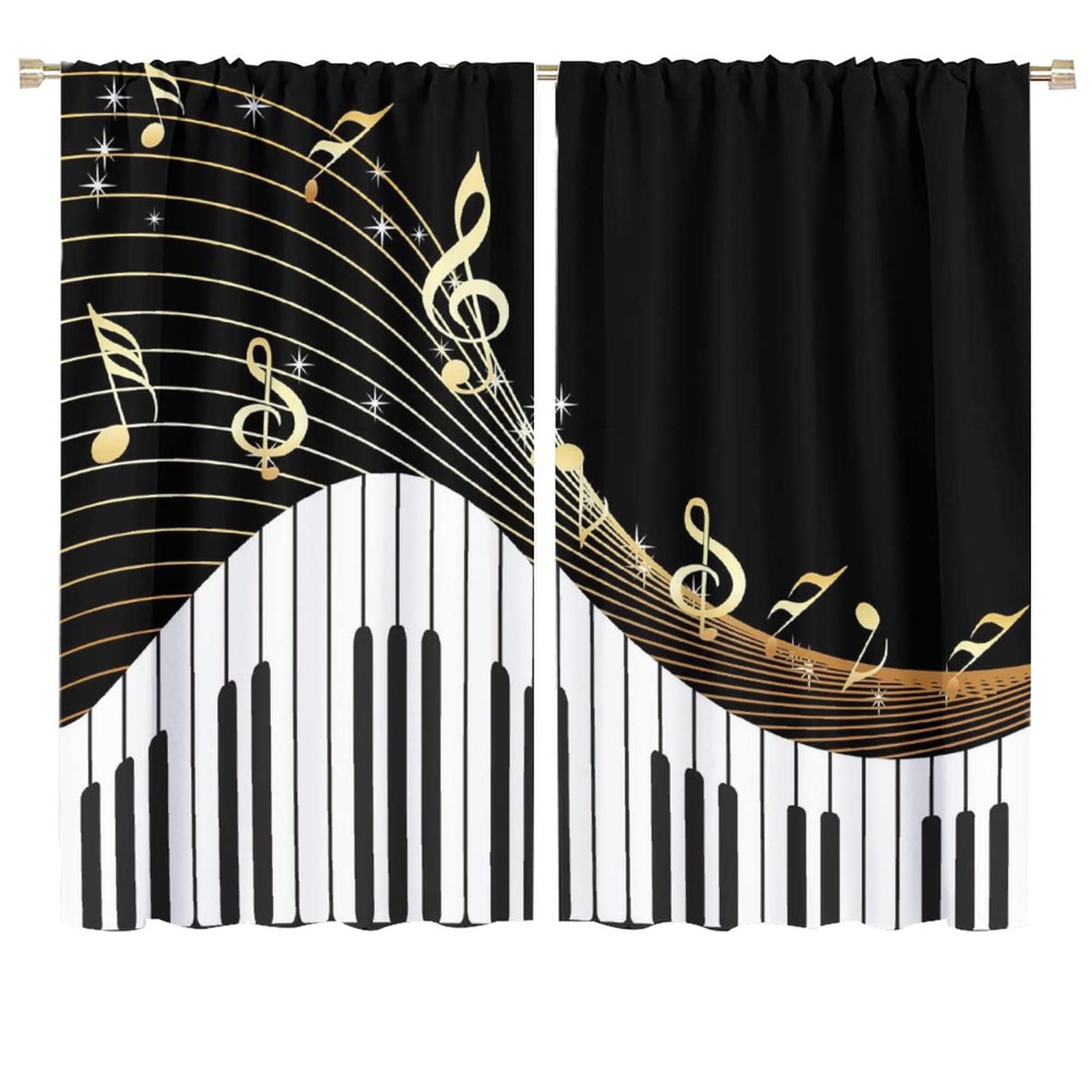 Music Note Blackout Curtains,Black White Piano Key Golden Musical Notes Room Darkening Door Window Rod Pocket Curtain for Living Room Bedroom W72xL63in