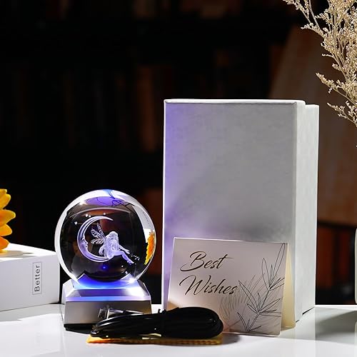 Miniatura 6 de Ornalrist Bola de cristal de 3.15"8CM grabada en 3D de hadas con luna para hija, esposa, esfera de cristal con base LED colorida ideas en