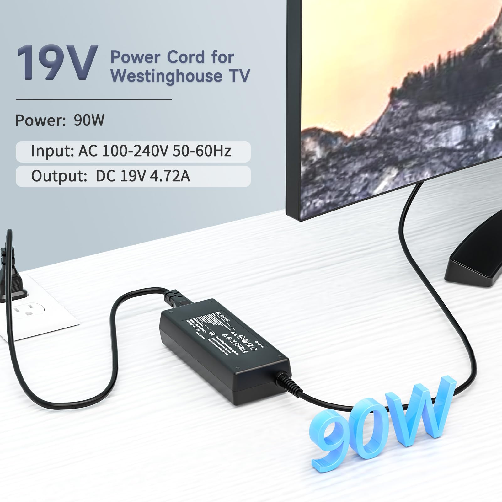 90W 19V Power Cord for Westinghouse TV, Westinghouse 24 32 40 42 46 inch UW40TA2W UW40T8LW LED TV UW32SC1W UW32S3PW UW40TC1W LD-2480 LD-4680 LD-4695 LD-3255VX LD-4255VX EW39T6MZ Power Supply Adapter