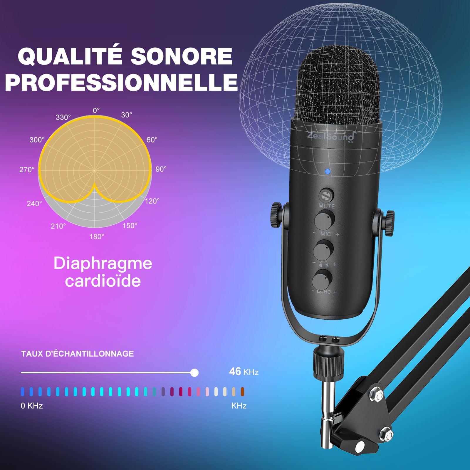 zealsound Microphone USB Gaming- Micro à Condensateur pour iPhone/PC/Mac/PS4&PS5, Micro Streaming/Youtube/Podcast, Bouton Muet/Gain/Echo, Bras Inclus - Kit Complet pour Enregistrement K66 avec Boom