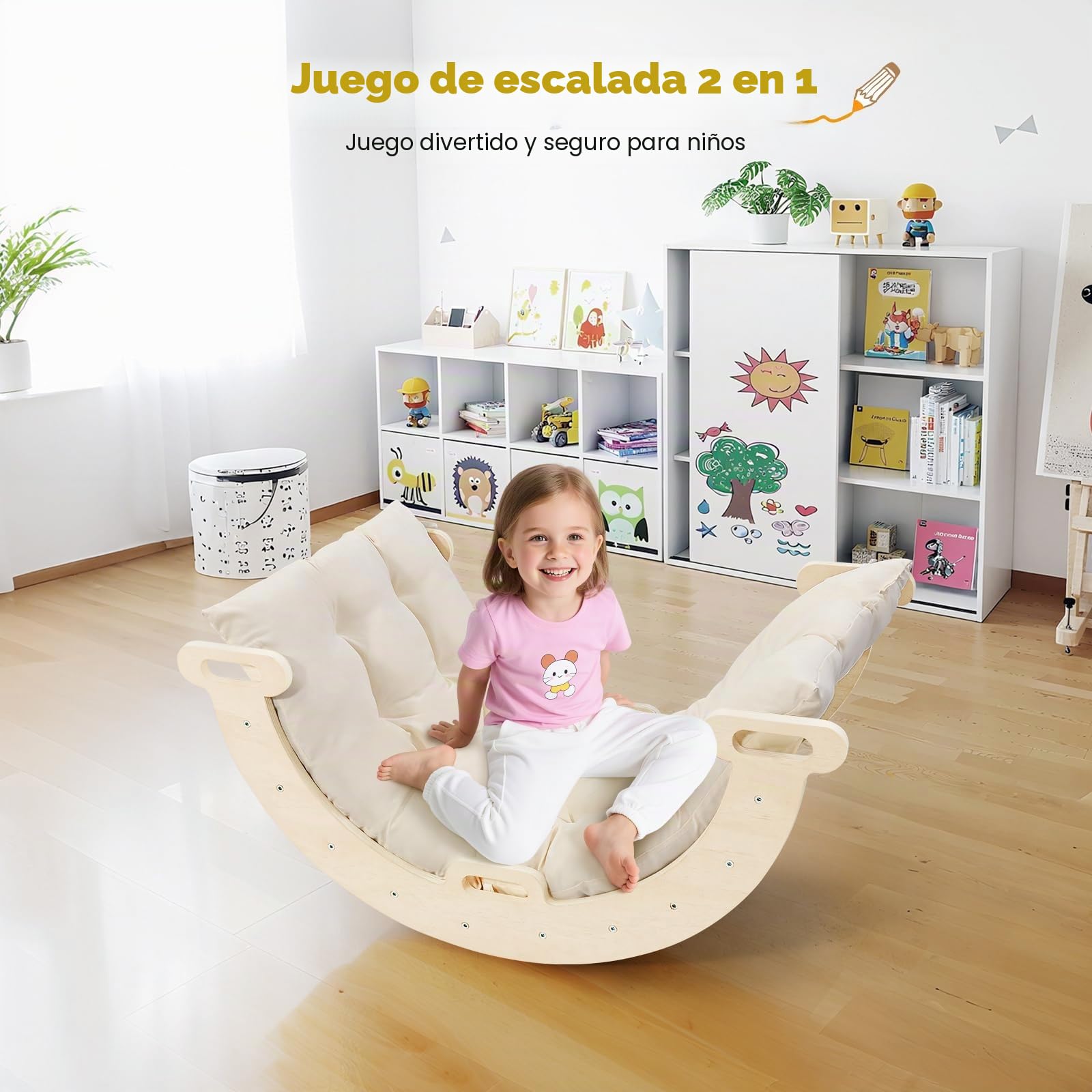 2 en 1 Arco de escalada con reposabrazos, Escalada niños de madera con cojín, madera natural, alfombrilla para los pies antideslizante, refuerzos de soportes, Arco Montessori para bebe 1-6 años