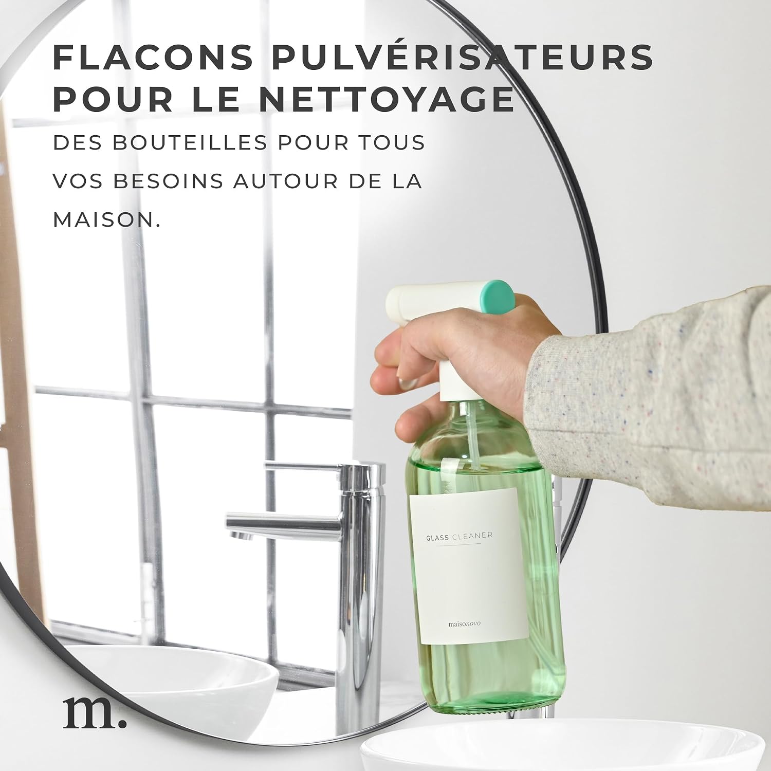 Détail du flacon en verre et de la pompe en acier inoxydable