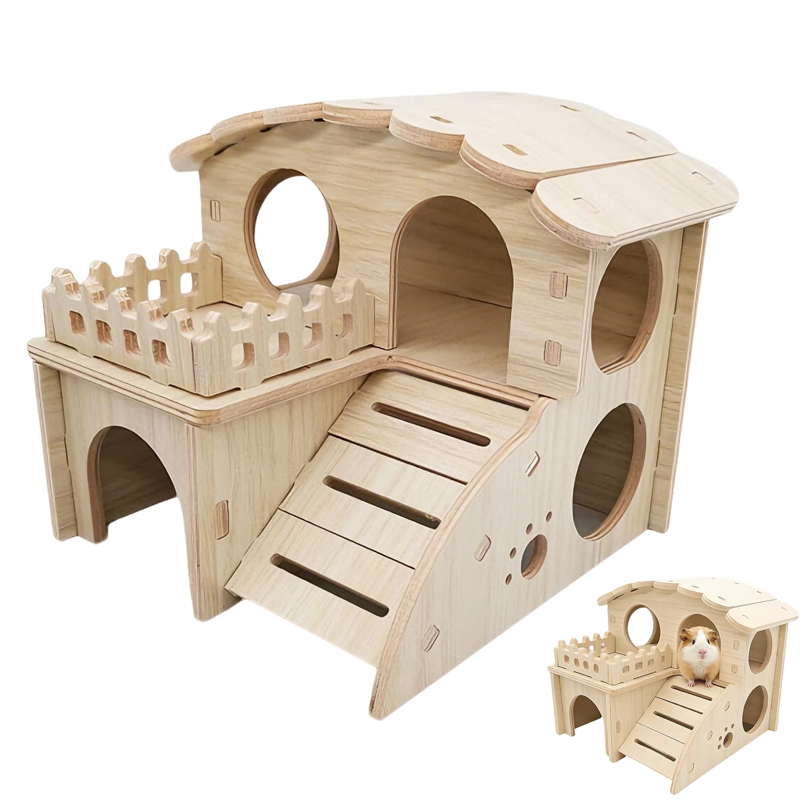 Casa di legno per criceti, casa per conigli, casa per criceti, casa per criceti con rampa, nascondiglio per animali piccoli, criceti conigli, accessori per animali domestici, criceto nano, gerbilli