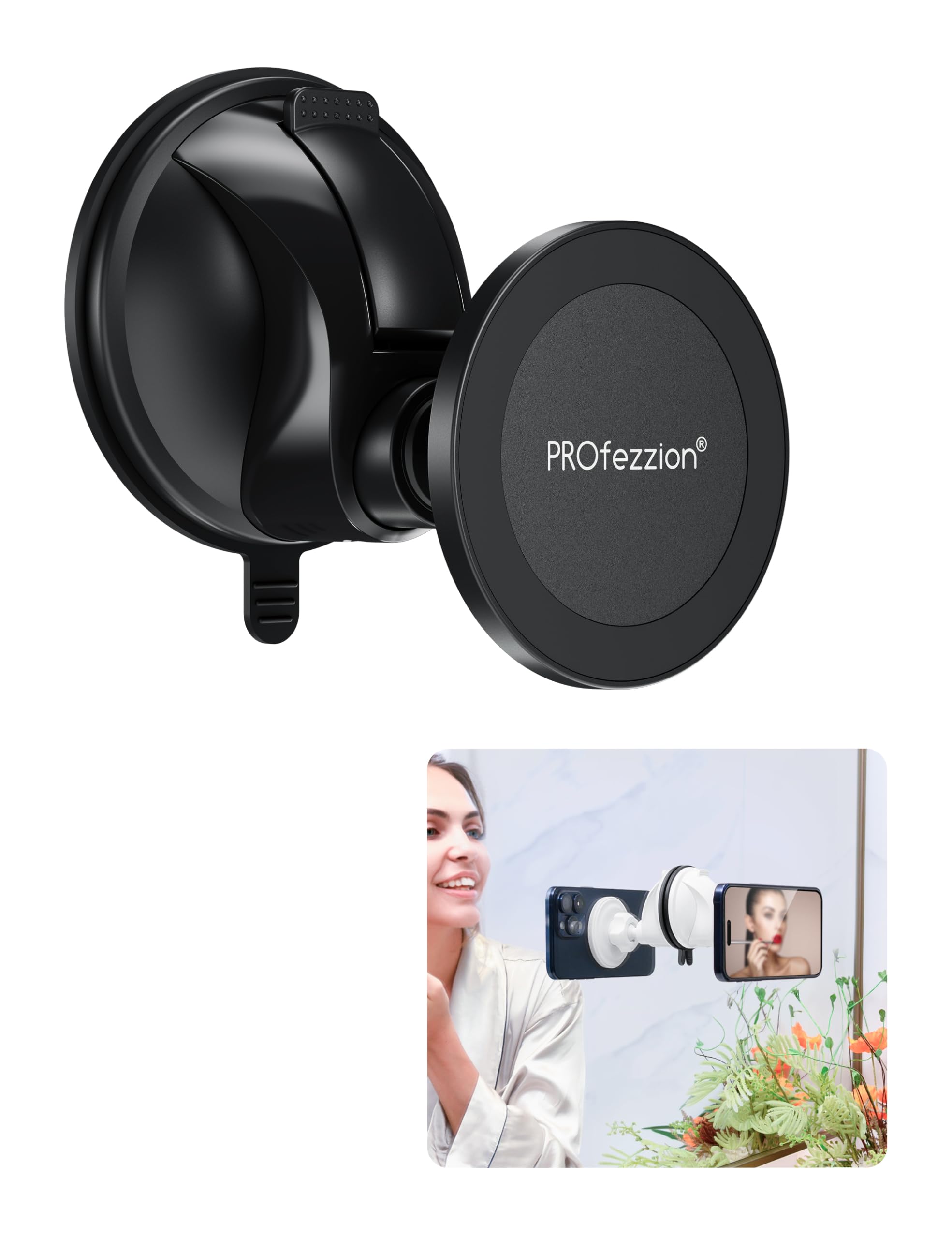 PROfezzion Multi-Surface Suction Mount Detachable Magnetic Phone Holder for Mirror Shower Bathroom Kitchen Window Videos Compatible with MagSafe iPhone 16 15 14 13 12 & All Phones - Black