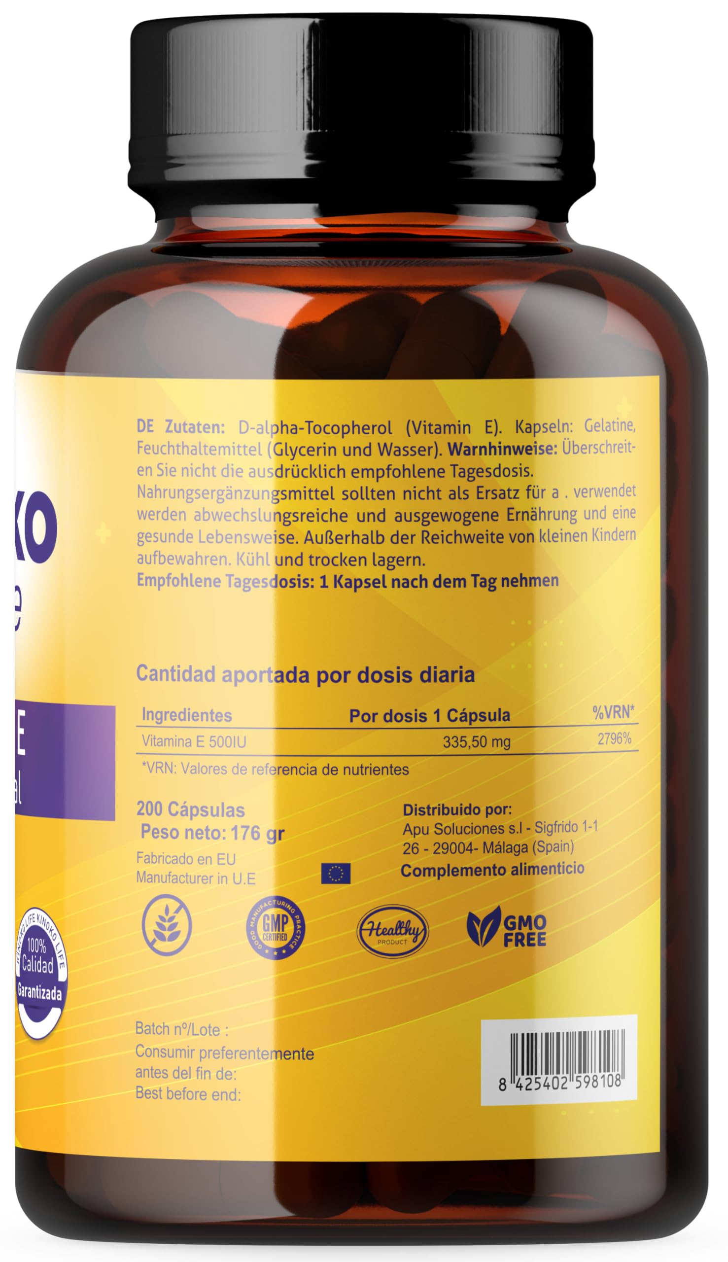 VITAMIN E 500 IE | 200 Kapseln | 100% Fettlöslich und Rein | Schwermetallfrei | Enthält kein Soja | Immunsystem, schützt unsere Haut und unser Herz | Glutenfrei | Ohne Magnesiumstearat