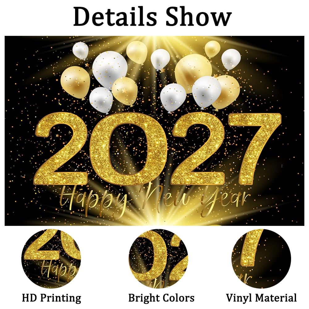 Aoihrraan Capodanno Sfondo 4,5x3m Dorati Palloncini Accessori Fotografici | 2027 Particelle Glitterate Oro Fotografia, Stampa Nitida E Vivida, Per Festività Ritratti Di Famiglia Compleanni Anniversari