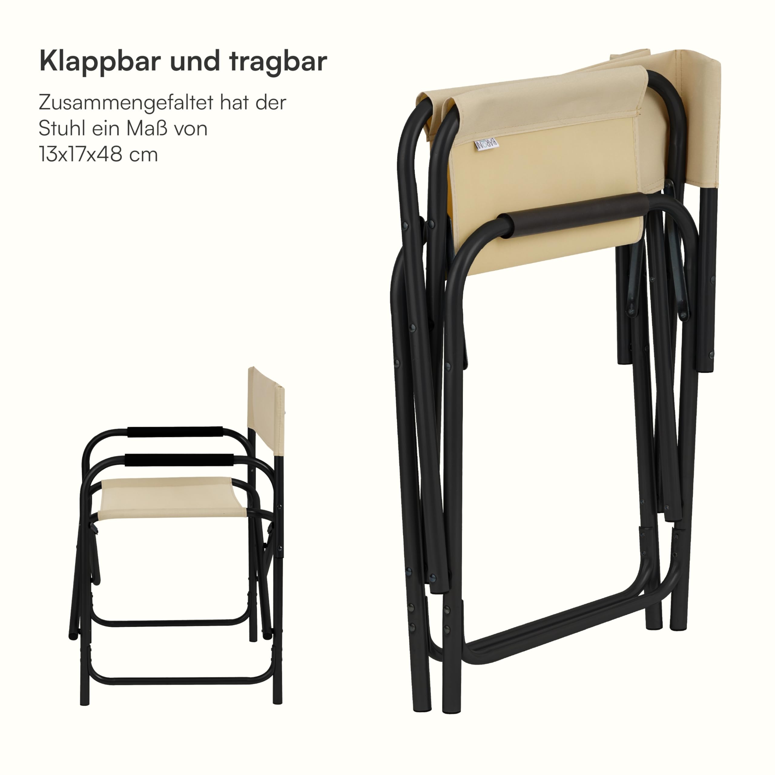 Baroni Home klappbarer Regiestuhl aus Stahlrohr, ergonomischer Klappstuhl mit Rückenlehne, faltbar und platzsparend, aus Leinwand, für Camping, Meer und Strand, 56x44x76 cm, Ecru