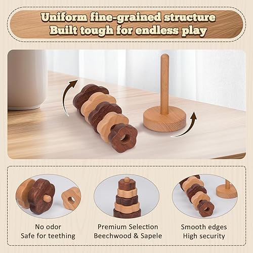 Miniatura 10 de Adena Montessori Anillo de madera natural de color madera, apilador geométrico Montessori, juguete educativo de madera, para bebés y niños pequeños