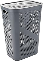 Vista 6 de Mind Reader - Canasta de lavandería delgada con tapa, cesta de ropa de 60L, plástico ventilado, color gris