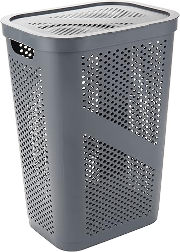 Miniatura 6 de Mind Reader - Canasta de lavandería delgada con tapa, cesta de ropa de 60L, plástico ventilado, color gris