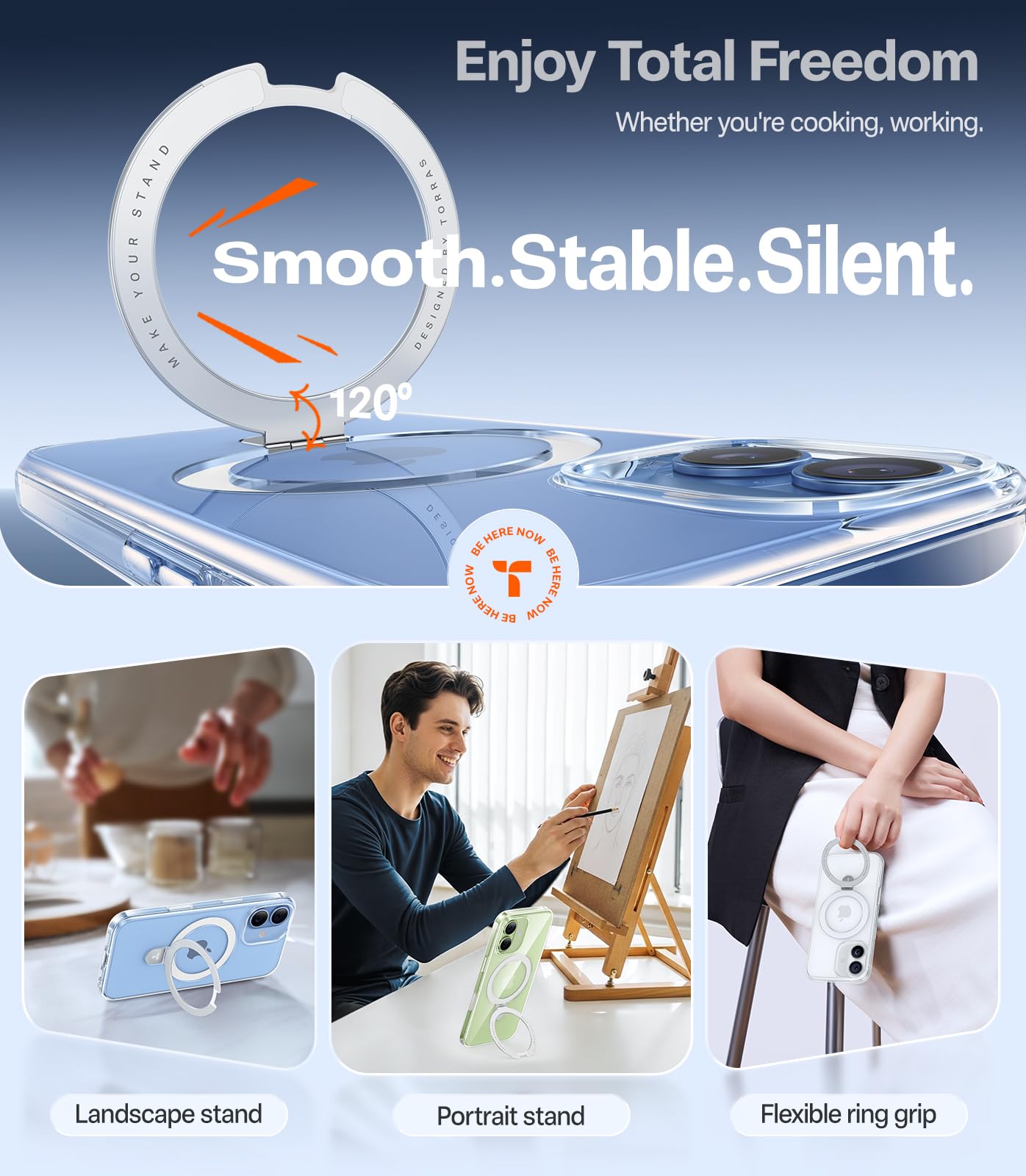 TORRAS Ostand Q1 para iPhone 17 - Funda con soporte de anillo, protección contra caídas de 3,7 m (12 pies), compatible con MagSafe para iPhone 17 - Transparente
