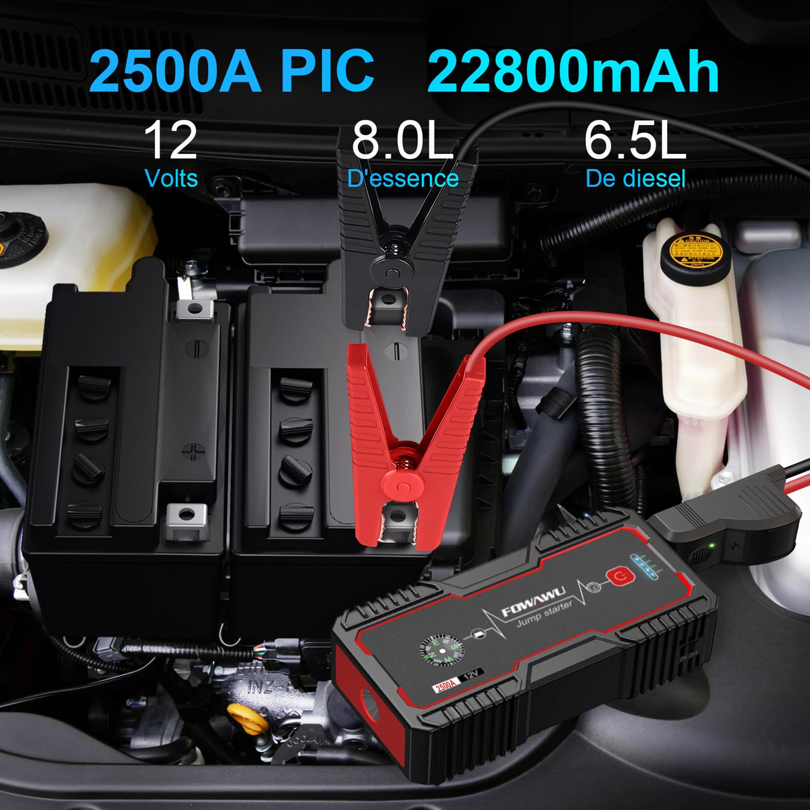 FOWAWU 2500A Booster Batterie Voiture,Démarre Moteurs 8L Ess/6,5L Diesel