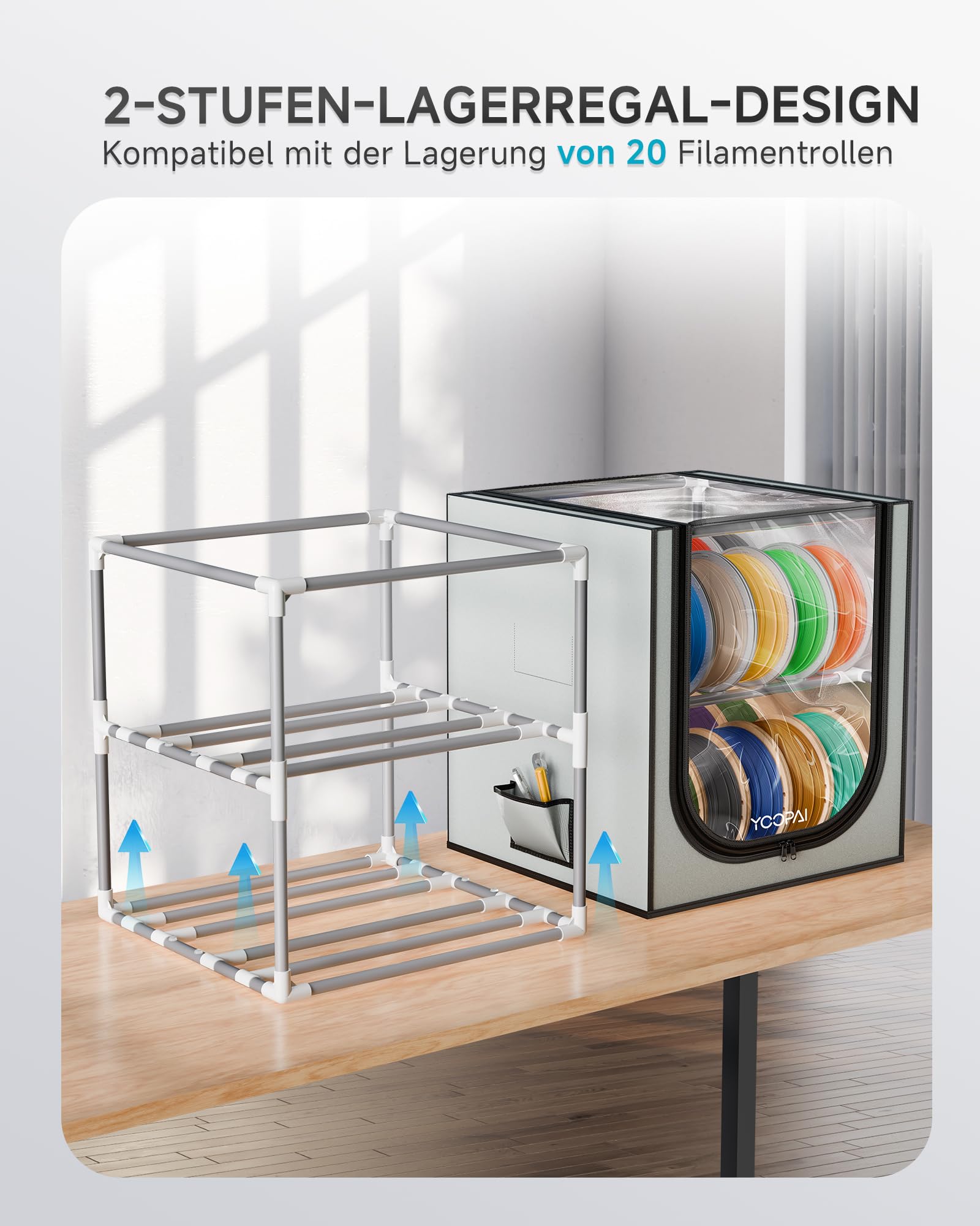 YOOPAI Filament Aufbewahrungsbox, 2-stöckiges Metall Regal mit robuster Abdeckung & Trockenmittel – Für 24 Rollen (PLA, ABS, PETG, TPU), stabil & platzsparend für Werkstatt & Heim
