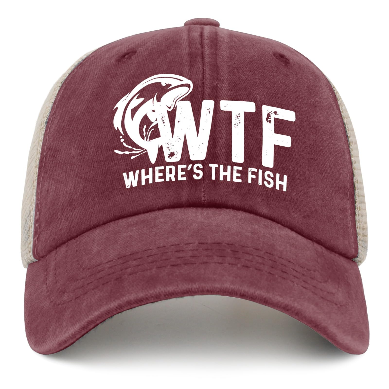 WTF Where's The Fish Hat Trucker Hat Men Trendy Mesh Cap for Summer Red