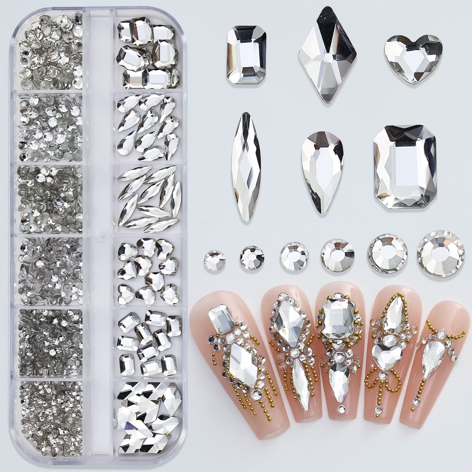 1101Pcs Pure White Nail Rhinestones for Nail Art Shiny Crystal Clear White Nail Diamonds Gems Stones 3D Flat Back Multi Size Shape Nail Charms Jewelry Decor Nail Supplies DIY for Women Girls (White)