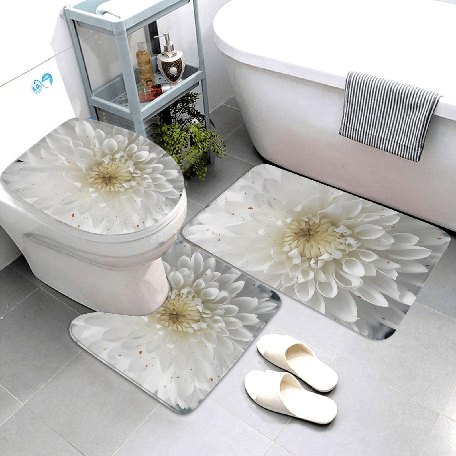 Dwrepo White Parttern Print Bathroom Rug Set 3 Piece with Non-Slip U-Shaped Contour Mat and Toilet Lid Cover for Bathroom Decoration