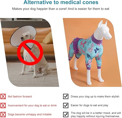 Miniatura 6 de LovinPet Ropa para perros grandes  Pijama cómodo posoperatorio, tela elástica ligera, estampado de alas de mariposa azul marino, pijama para perros