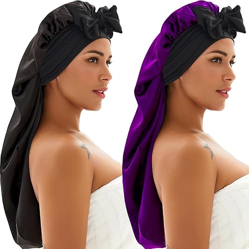 2 gorros de seda para dormir, gorro trenzado de satén con banda de corbata, gorro de dormir para mujeres y hombres, trenzas de cabello largo y