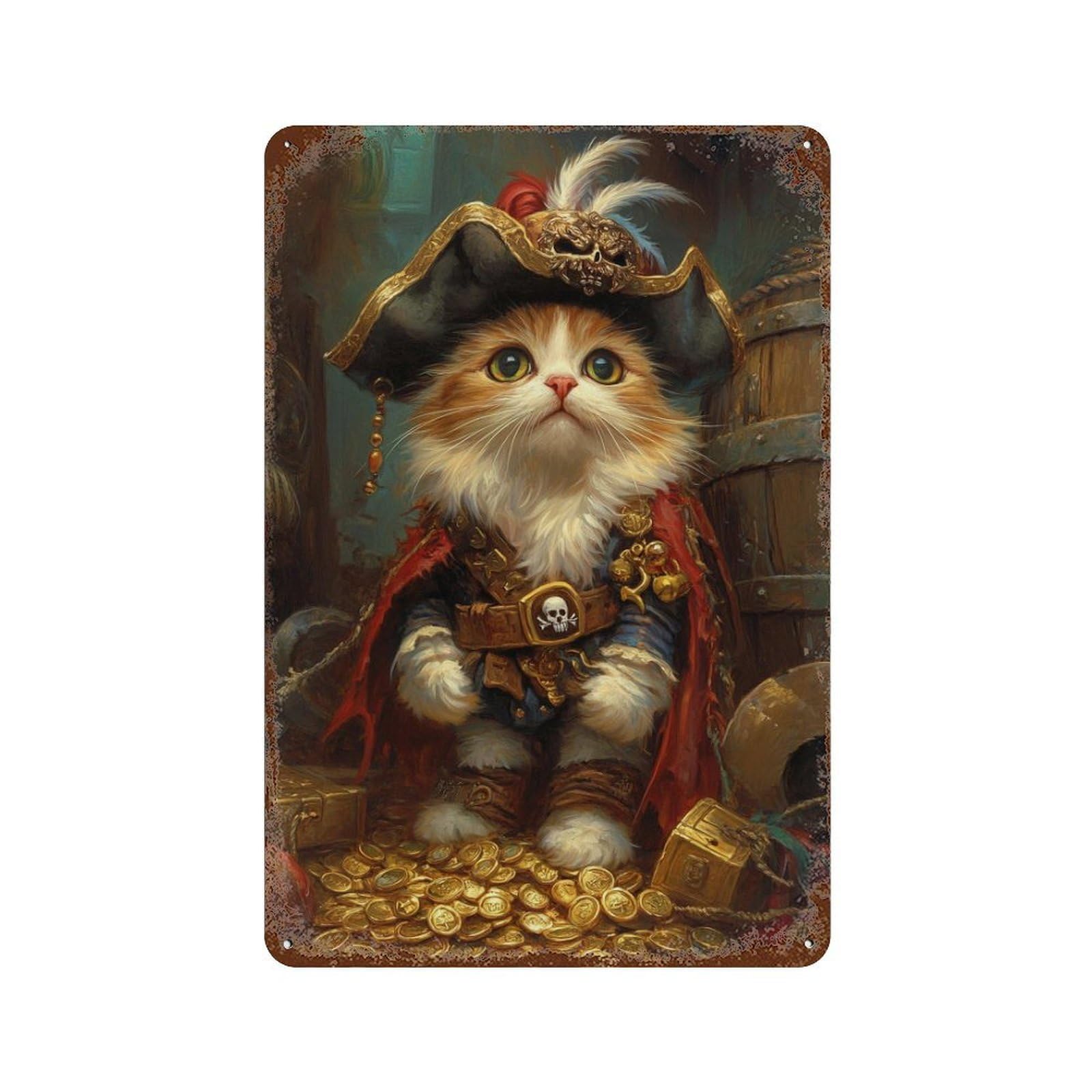 Pirate Cat Treasure Chest-19 Rusty Metal Tin Sign 11.8"x7.9", Old School Wall Decor for Garage, Pub Or Kitchen
