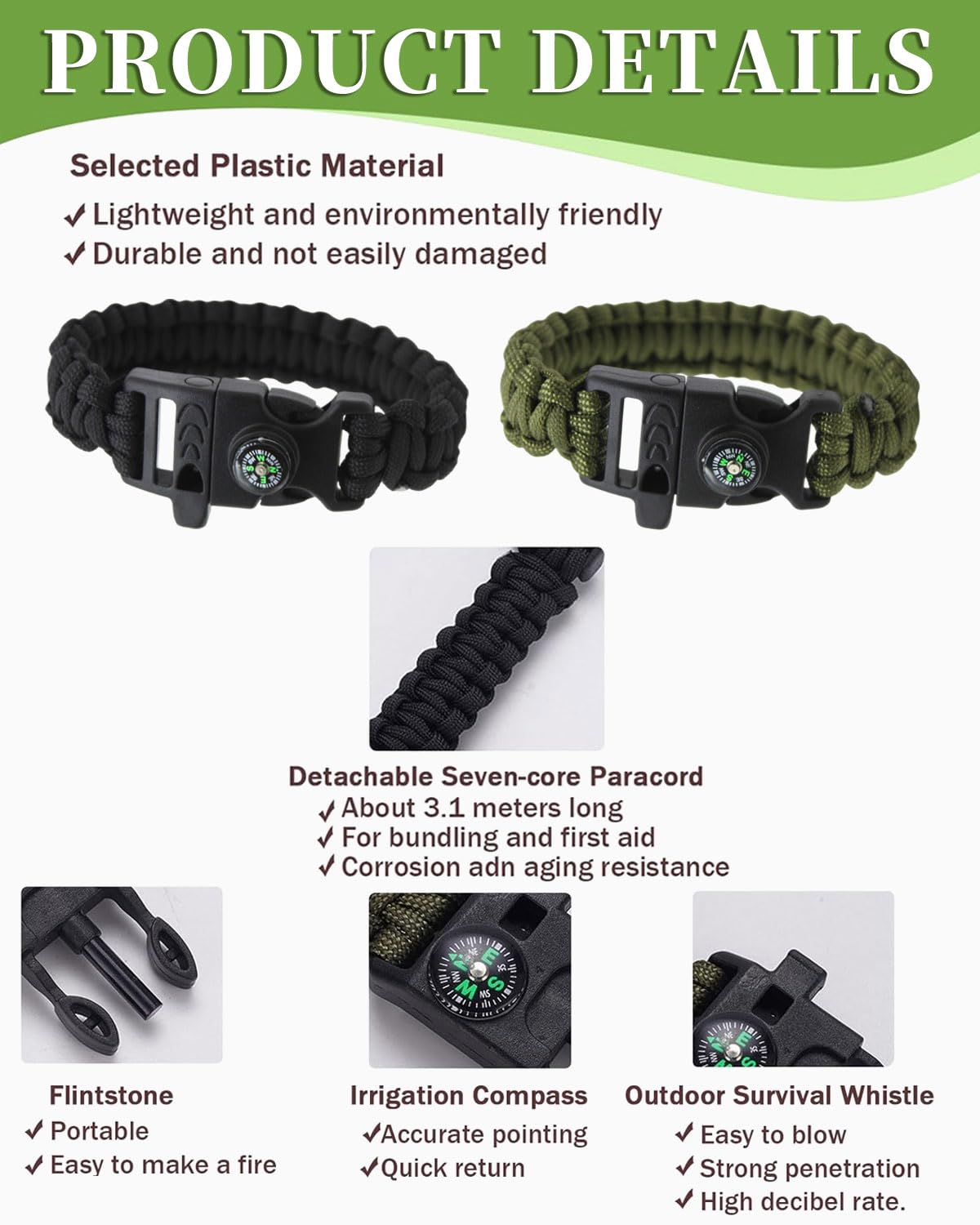 Bracciale Di Sopravvivenza In Corda Di Paracadute (2 Pezzi) Con Fischietto E Bussola. Regolabile, Mimetico, Per Escursionismo E Campeggio.