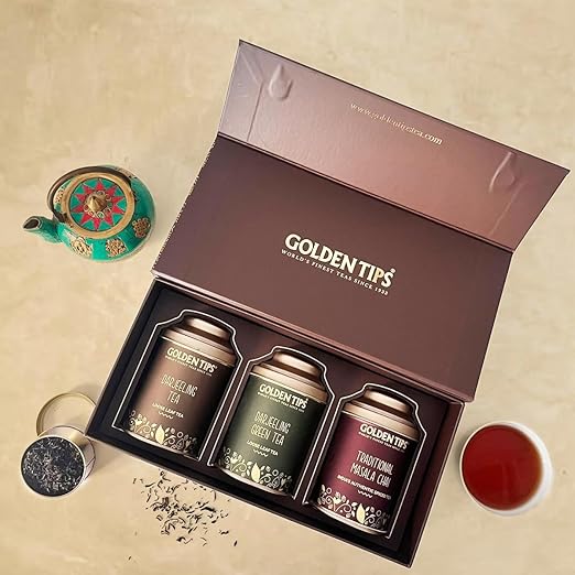 Golden Tips Assorted Tea Gift Box | Perfect Diwali Gifts for Family and Friends | Diwali Gift Set | Gift Hamper of Darjeeling Tea + Darjeeling Green Tea + Masala Chai