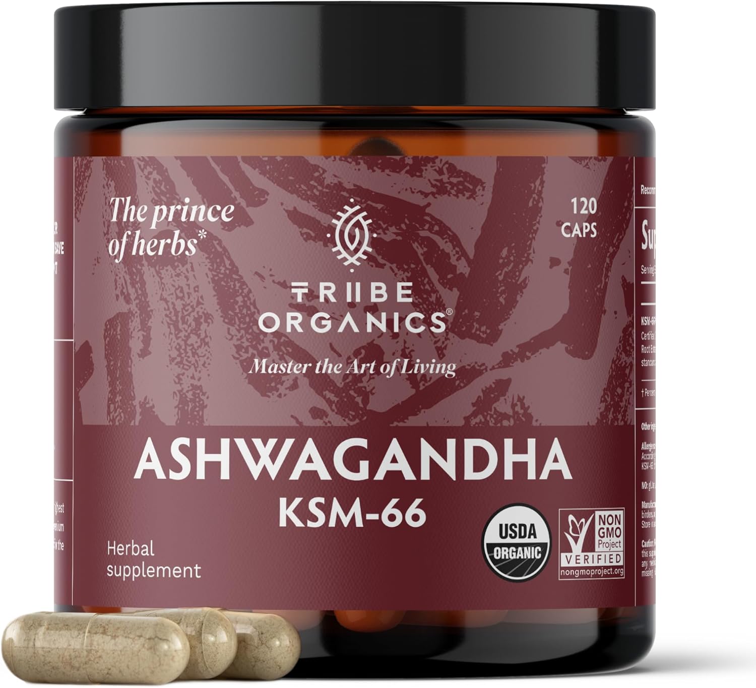 TRIBE ORGANICS Ashwagandha KSM 66 Pure Organic Root Powder Extract Ayurvedic Supplement - Focus, Mood Support, Increase Energy, Strength, 600mg of Natural KSM66 for Superior Absorption - 120 Capsules