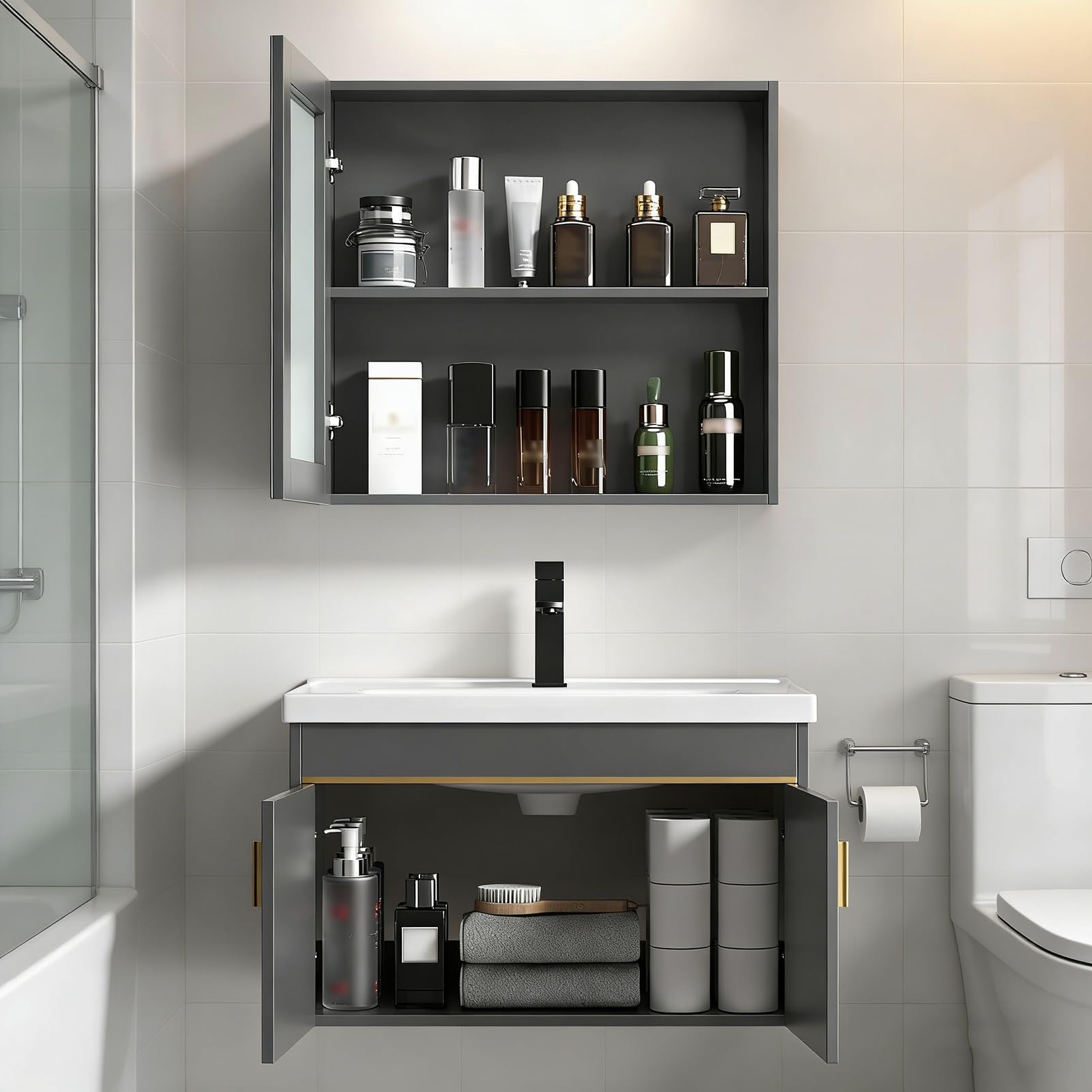 Set di lavabo da bagno, mobiletto da parete, lavabo, armadietto a specchio e lavello con lavabo in ceramica e rubinetto (grigio, 60 x 40 cm)