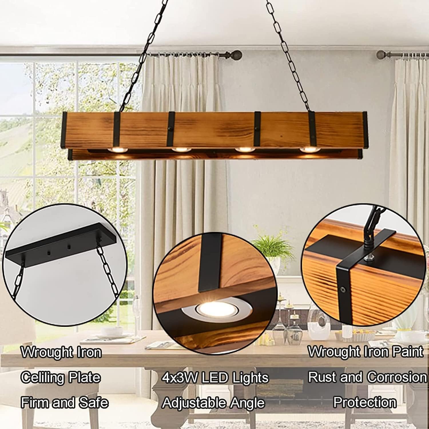 Wood Beam with 4X3W Led Spotlight Rectangle Farmhouse Island Lights Pool Table Rustic Chandelier Light Fixture