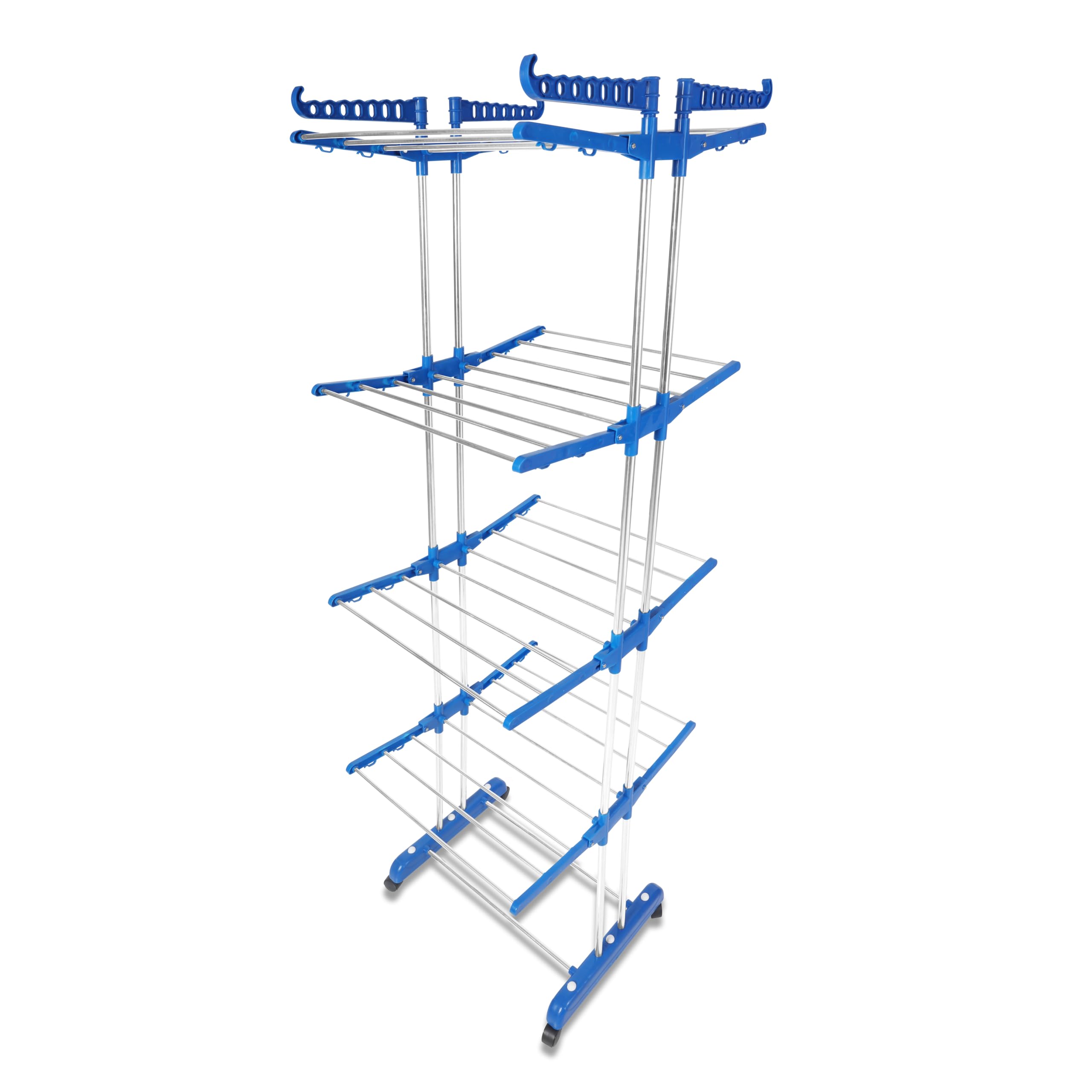 TNC Foldable 2-Stand 4-Tier Stainless Steel Cloth Drying Rack with 360° Wheels & Hanger Slots – Blue | Heavy-Duty Portable Clothes Dryer for Indoor & Outdoor Use