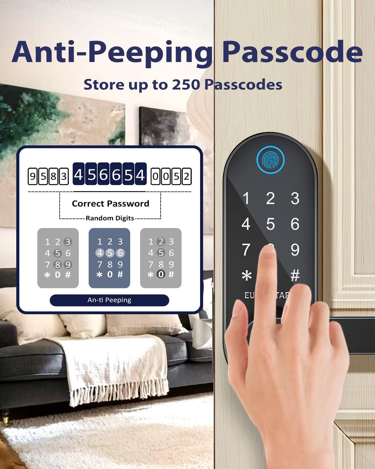 Fingerprint Door Lock, Keyless Entry Door Lock, Smart Lock with Handle for Front Door and Bedroom, WiFi Remote Control, Electronic Digital Keypad with Knob, Auto-Lock