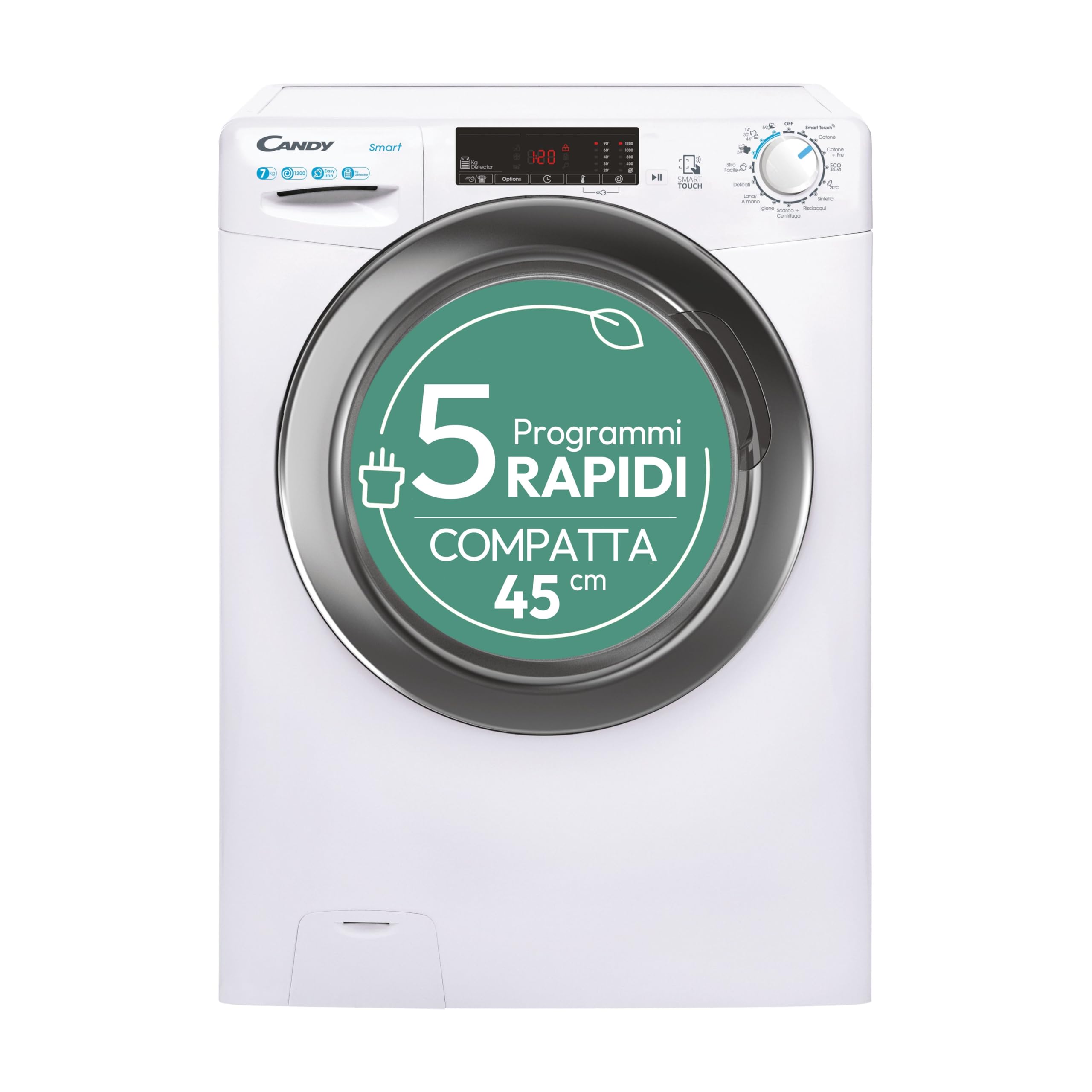 Candy Smart CSS4127TWR3/1-11, Lavatrice a carica frontale, 7 KG, Classe C, 1200 giri, 79 dB, Partenza Ritardata, 16 + 1 programmi, Bianco, AxLxP 85x60x45 cm