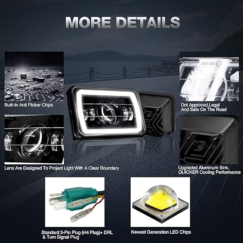 Miniatura 3 de Gottow Faros delanteros LED de 4 x 6 pulgadas, 4 unidades, aprobados por puntos, faro rectangular de haz altobajo con luz de señal de giro ámbar DRL