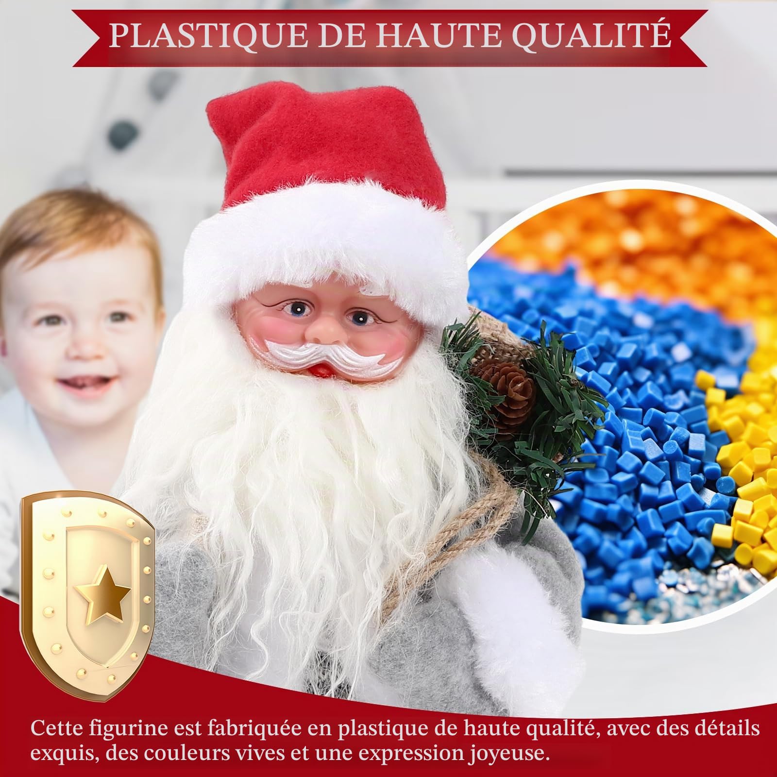 Gfilay Père Noël animé avec Musique et Bras Mobiles | Figurine de Père Noël musical tenant un livre et un sac de cadeaux, décoration de Noël pour intérieur